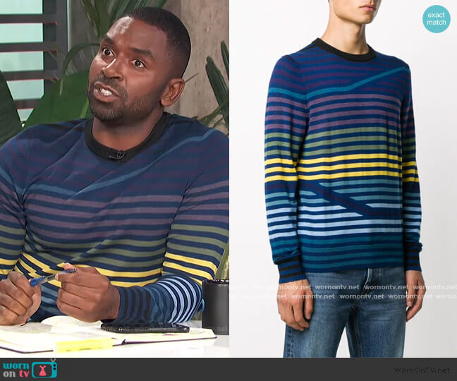 striped-pattern crew neck jumper by PS Paul Smith worn by Justin Sylvester on E! News