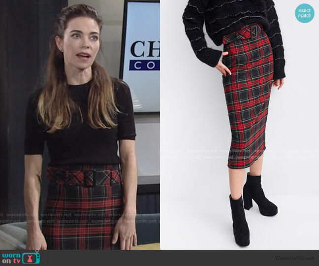 Plaid Midi Skirt by Zara worn by Victoria Newman (Amelia Heinle) on The Young & the Restless