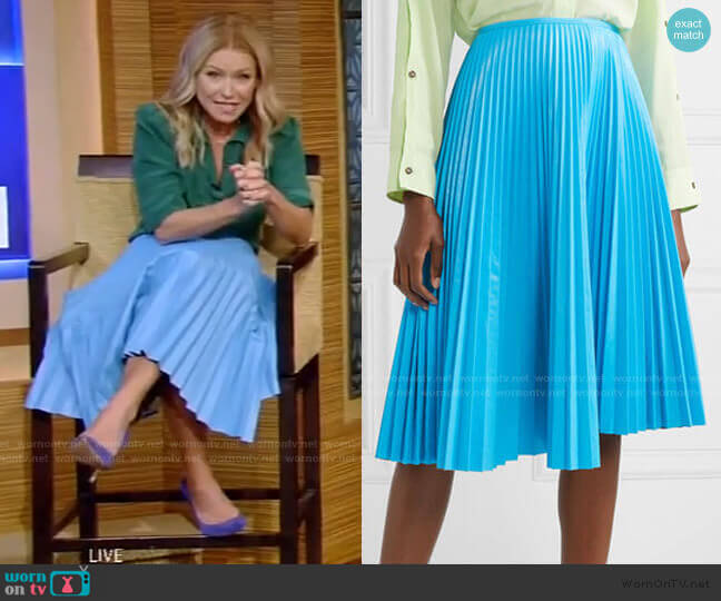 Pleated Faux Leather Skirt by Cédric Charlier worn by Kelly Ripa  on Live with Kelly & Ryan