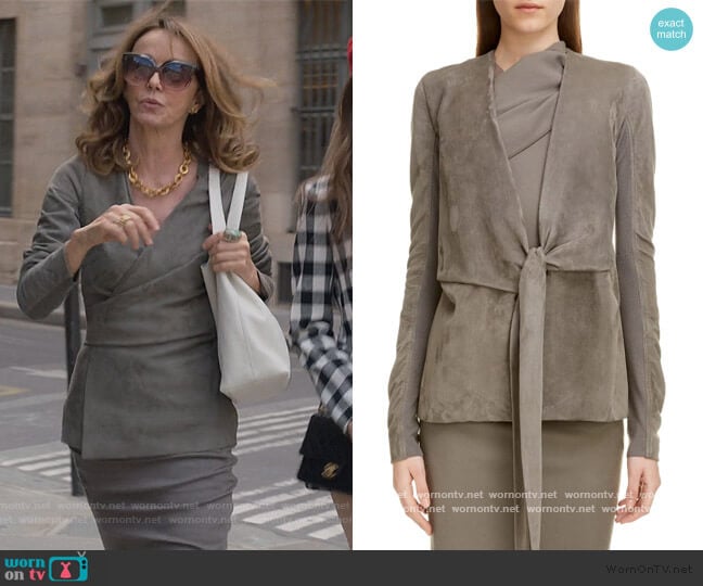 Suede Wrap Jacket by Rick Owens worn by Sylvie (Philippine Leroy-Beaulieu) on Emily in Paris