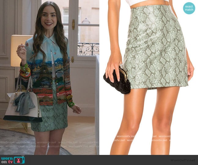 Rida Skirt by Ronny Kobo worn by Emily Cooper (Lily Collins) on Emily in Paris