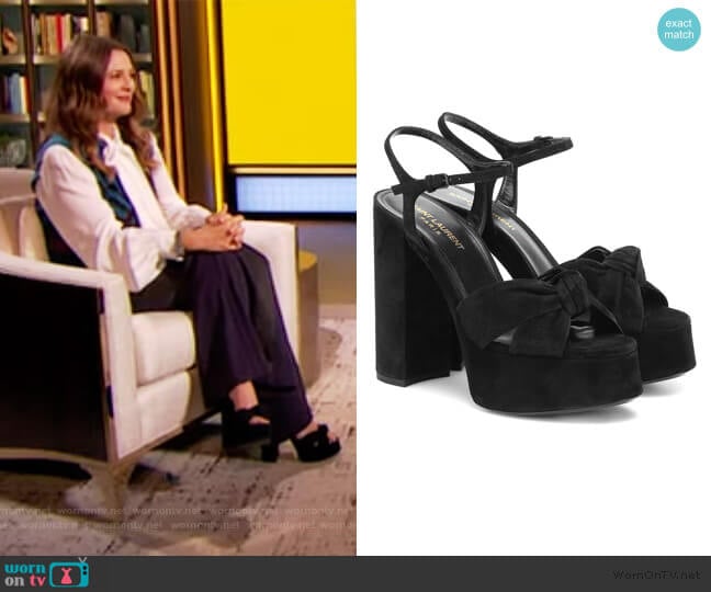 Bianca knotted leather platform sandals by Saint Laurent worn by Drew Barrymore on The Drew Barrymore Show