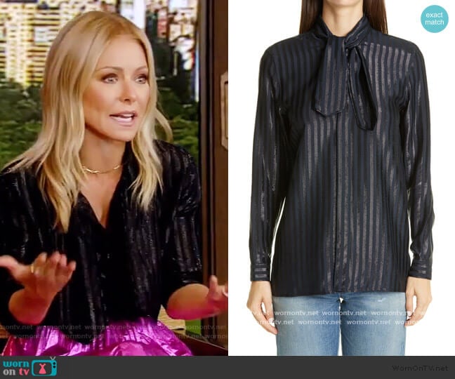 Tie-neck striped metallic silk-blend shirt by Saint Laurent worn by Kelly Ripa on Live with Kelly and Mark