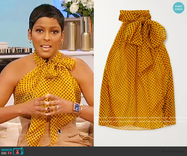 Pussy-bow polka-dot silk-chiffon blouse by Saint Laurent worn by Tamron Hall on Tamron Hall Show