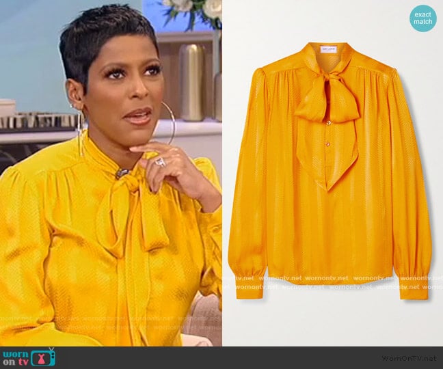 Pussy-bow silk-jacquard blouse by Saint Laurent worn by Tamron Hall on Tamron Hall Show