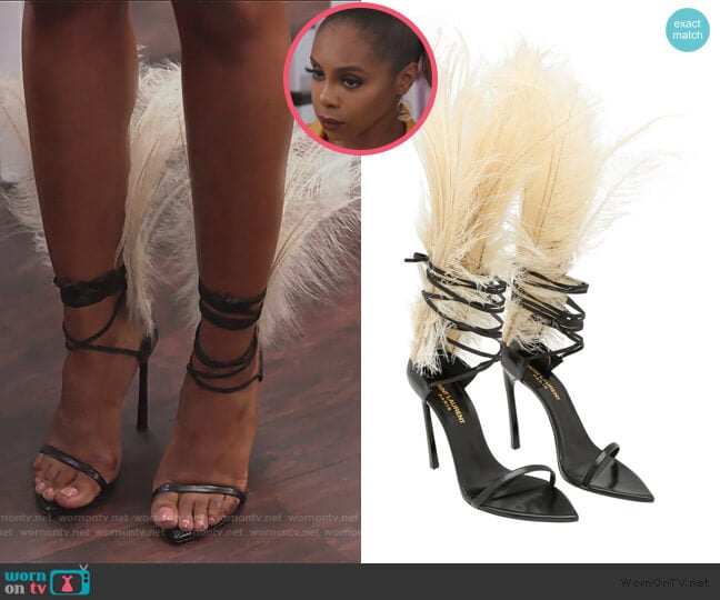Talitha Feather-Embellished Ankle-Wrap Sandal by Saint Laurent worn by Candiace Dillard Bassett  on The Real Housewives of Potomac