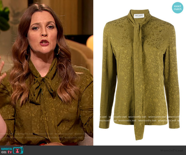 Tie Neck Silk Jacquard Shirt by Saint Laurent worn by Drew Barrymore on The Drew Barrymore Show