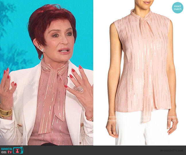 Fancy Striped Tie-Neck Sleeveless Silk Top by Santorelli worn by Sharon Osbourne on The Talk