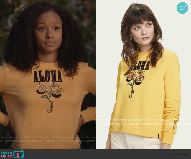 Aloha Sweatshirt by Scotch and Soda worn by Katlyn Nichol on Black-ish