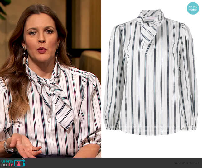 Tie-neck striped blouse by See by Chloe worn by Drew Barrymore on The Drew Barrymore Show