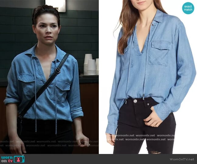 Selena Chambray Shirt by Rails worn by Elizabeth Webber (Rebecca Herbst) on General Hospital