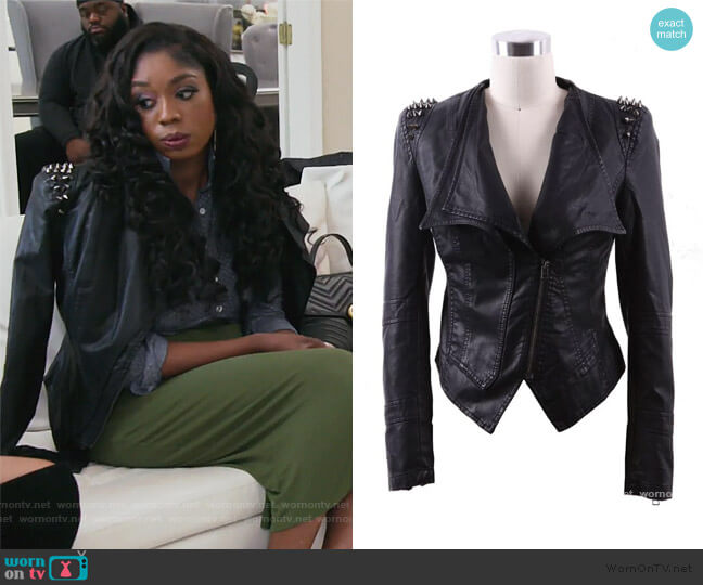 Black Wide Lapel Rivet Shoulder Leather Biker Jacket by Shein worn by Wendy Osefo on The Real Housewives of Potomac