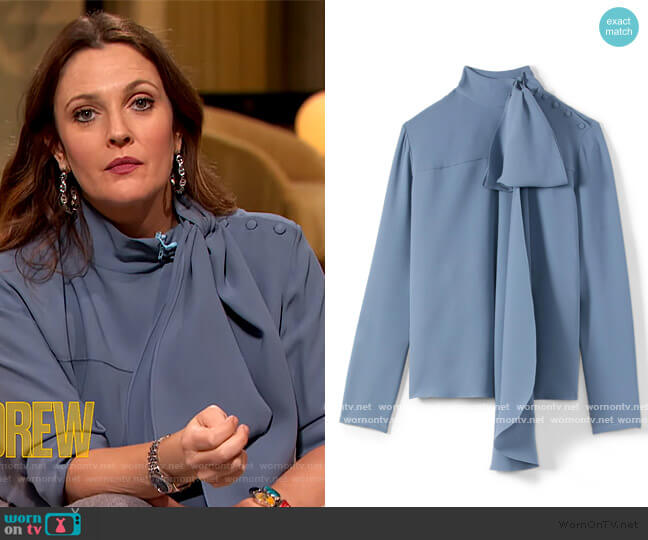 Heavy Silk Georgette Bow Blouse by St. John worn by Drew Barrymore on The Drew Barrymore Show