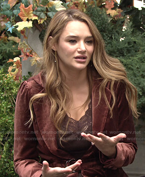 Summer's brown belted velvet jacket on The Young and the Restless