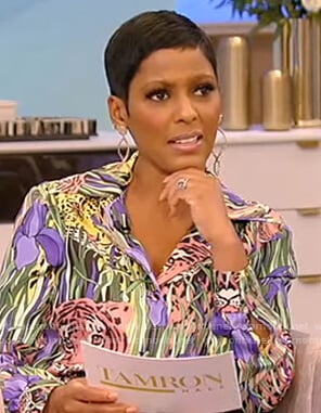 Tamron’s tiger print blouse and pants on Tamron Hall Show