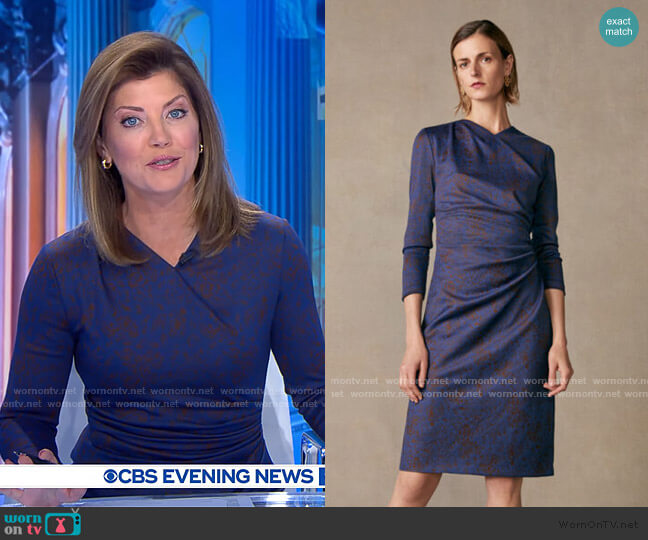 WornOnTV: Norah’s blue printed gathered dress on CBS Evening News ...