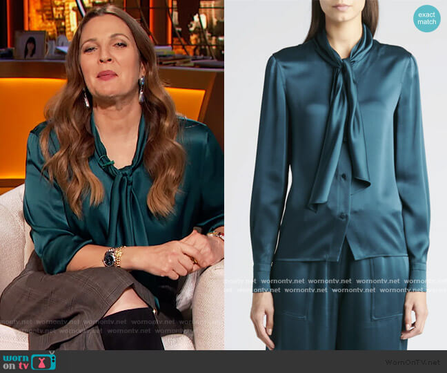 Scarf-Neck Satin Blouse by Tom Ford worn by Drew Barrymore on The Drew Barrymore Show