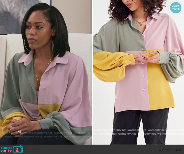 Many Miles Colorblock Button-Down Shirt by Ghospell at Urban Outfitters worn by Monique Samuels on The Real Housewives of Potomac