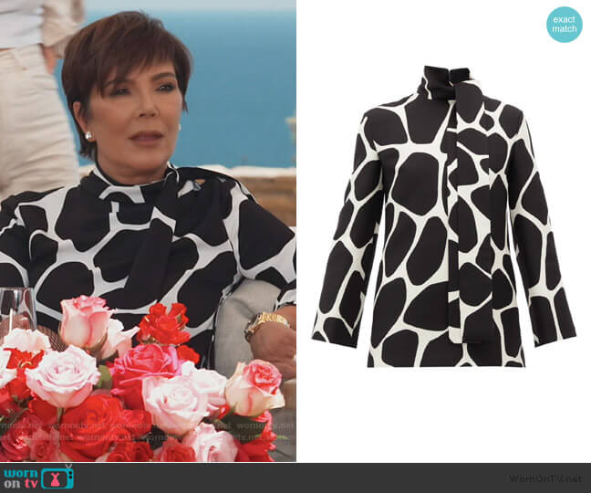 Pussy-bow 1966 giraffe-print wool-blend top by Valentino worn by Kris Jenner on Keeping Up with the Kardashians