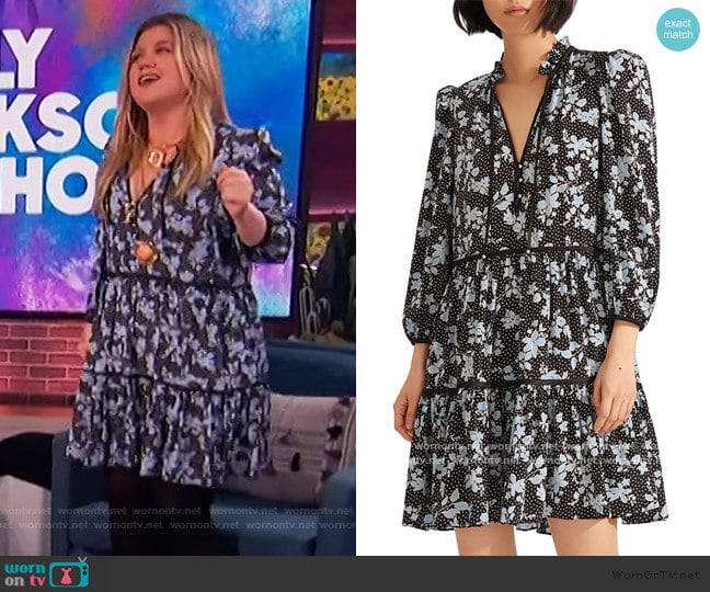 Hawken Floral Tiered Stretch Silk Dress by Veronica Beard worn by Kelly Clarkson on The Kelly Clarkson Show