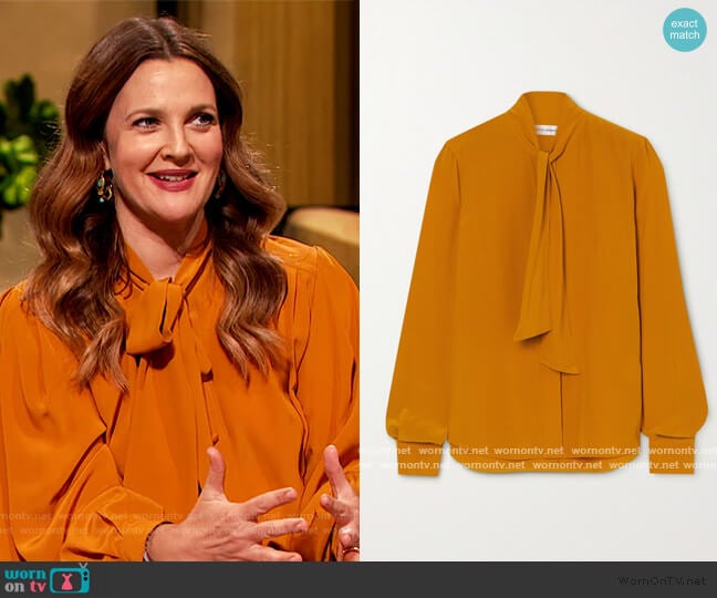 Pussy-bow silk crepe de chine blouse by Victoria Beckham worn by Drew Barrymore on The Drew Barrymore Show