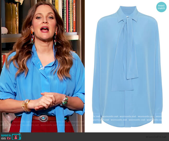 Silk-crepe tie-neck blouse by Victoria Beckham worn by Drew Barrymore on The Drew Barrymore Show