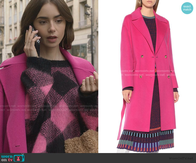 Wool and Cashmere Coat by Kenzo worn by Emily Cooper (Lily Collins) on Emily in Paris