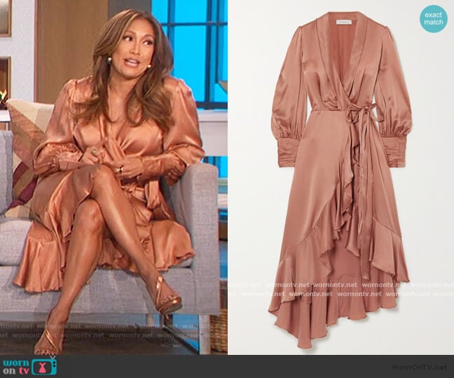 Asymmetric ruffled silk-satin wrap midi dress by Zimmermann worn by Carrie Inaba on The Talk