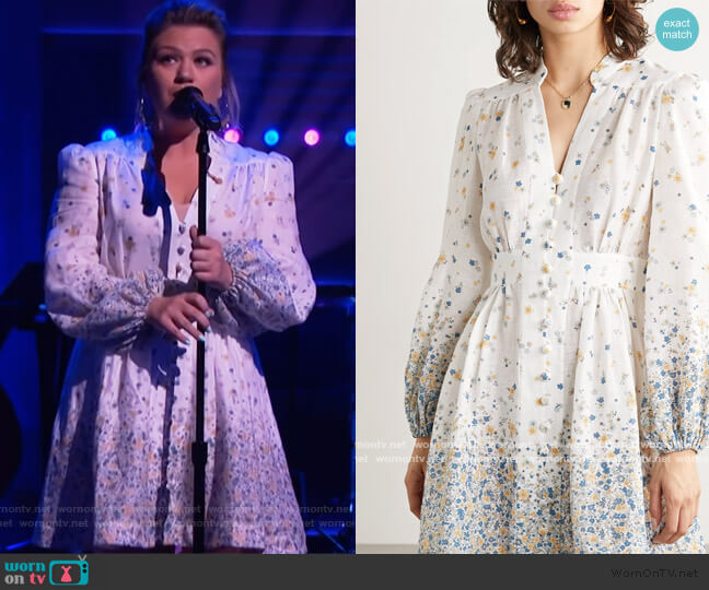 Carnaby floral-print linen mini dress by Zimmermann worn by Kelly Clarkson on The Kelly Clarkson Show