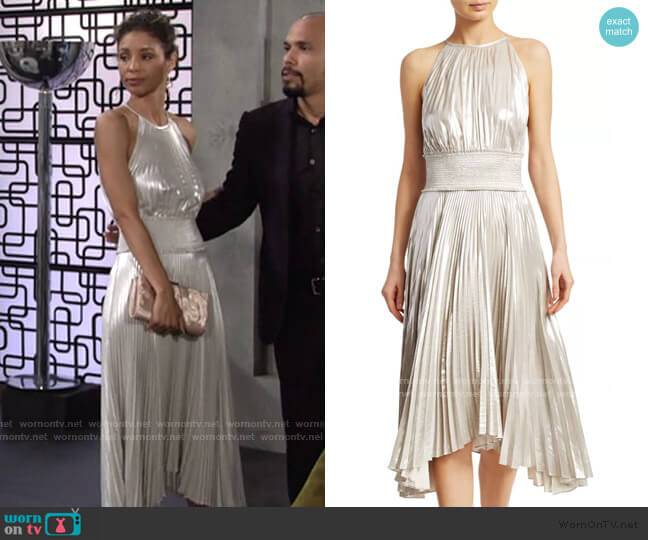 Weston Metallic Pleated Midi Dress by A.L.C. worn by Elena Dawson (Brytni Sarpy) on The Young and the Restless