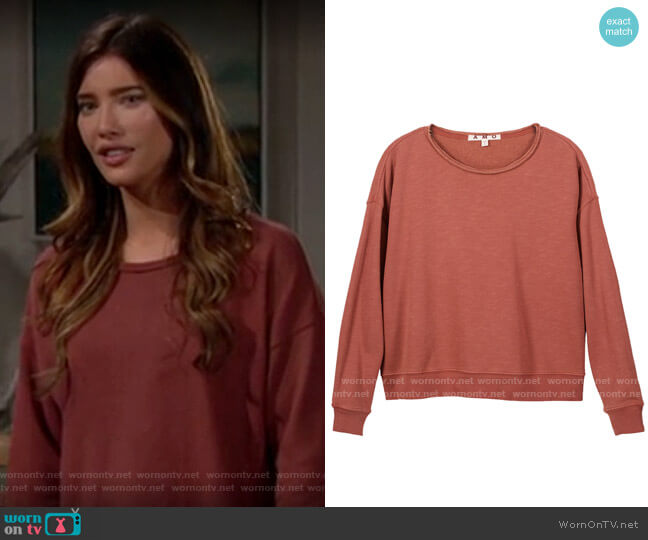 AMO Classic Sweatshirt with Raw Edge in Suntan worn by Steffy Forrester (Jacqueline MacInnes Wood) on The Bold and the Beautiful