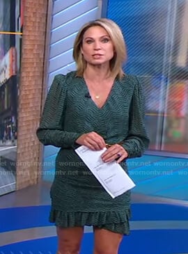 Amy’s green printed mini dress and suede belt on Good Morning America