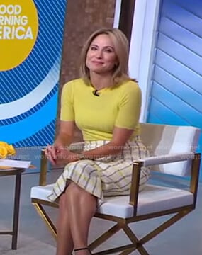 Amy’s yellow short sleeve sweater and check tweed skirt on Good Morning America