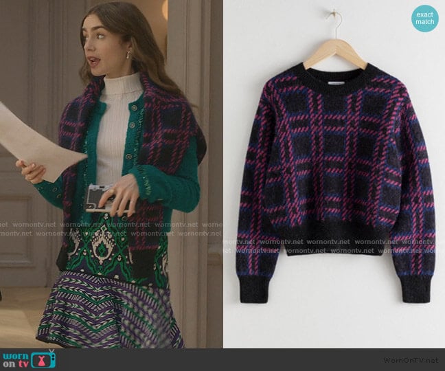 Check Alpaca Wool Blend Sweater by & Other Stories worn by Emily Cooper (Lily Collins) on Emily in Paris