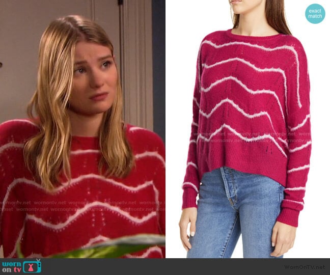 Wave Stripe Pointelle Stitch Cashmere & Silk Sweater by Autumn Cashmere worn by Alice Caroline Horton (Lindsay Arnold) on Days of our Lives