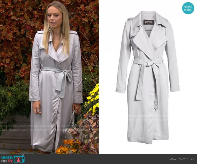 Faux Leather Trim Long Trench Coat by Badgley Mischka worn by Abby Newman (Melissa Ordway) on The Young and the Restless