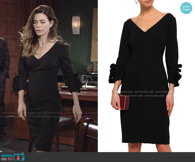 Ruffle-Trimmed Ponte Dress by Badgley Mischka worn by Victoria Newman (Amelia Heinle) on The Young & the Restless