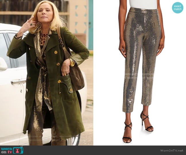 Badgley Mischka Sequin Straight-Leg Pants worn by Margaret Monreaux (Kim Cattrall) on Filthy Rich