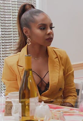 Candiace’s yellow blazer and lace bodysuit on The Real Housewives of Potomac