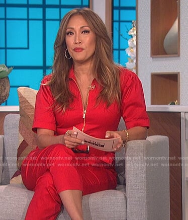 Carrie’s red belted jumpsuit on The Talk