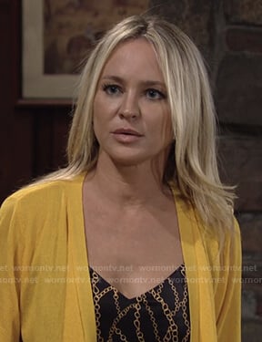 Sharon's black chain print cami and yellow cardigan on The Young and the Restless