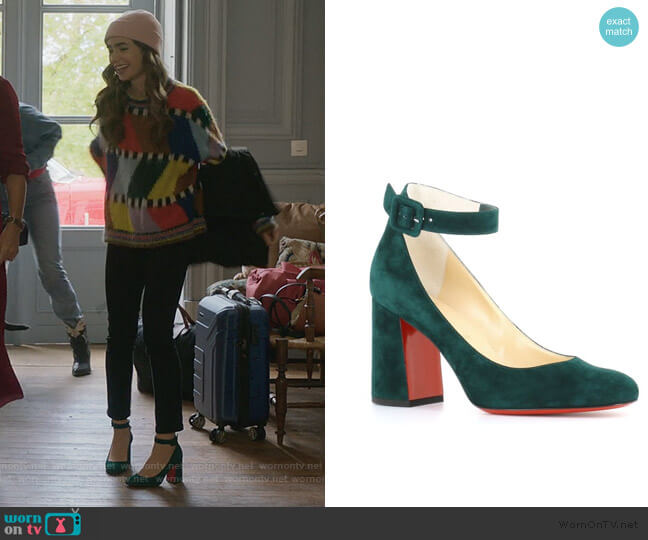 Soval Ankle Strap Pump by Christian Louboutin worn by Emily Cooper (Lily Collins) on Emily in Paris