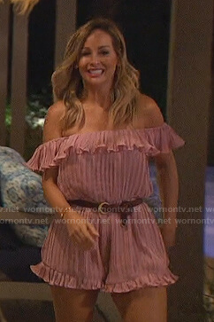 Clare’s pink ruffle off-shoulder romper on The Bachelorette