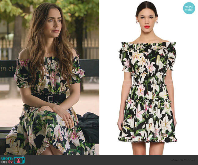 Anouki Sophia Heart Print Midi Dress worn by Emily Cooper (Lily Collins) as  seen in Emily in Paris (S02E05)