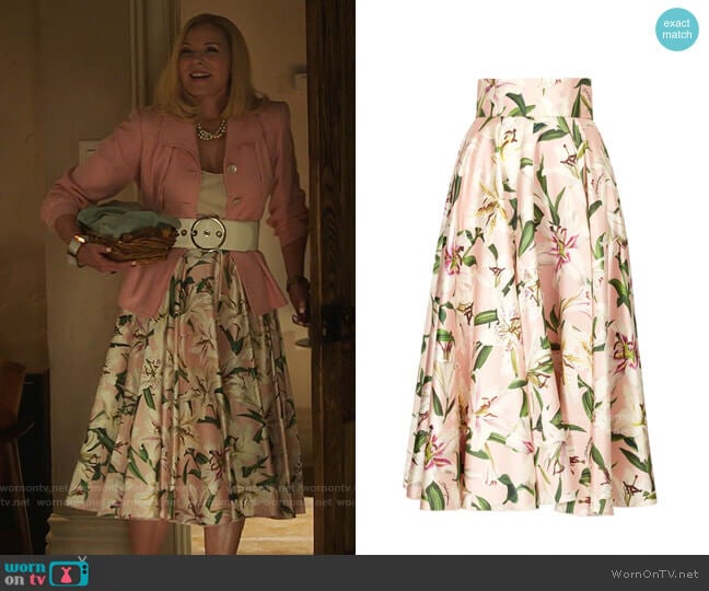 Dolce & Gabbana Lily-print shantung-silk midi skirt worn by Margaret Monreaux (Kim Cattrall) on Filthy Rich