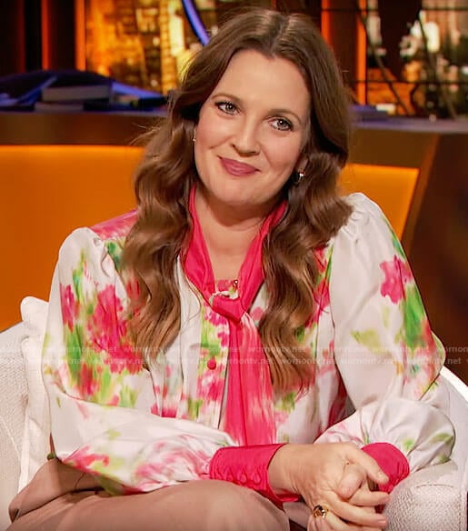 Drew's watercolor floral blouse on The Drew Barrymore Show