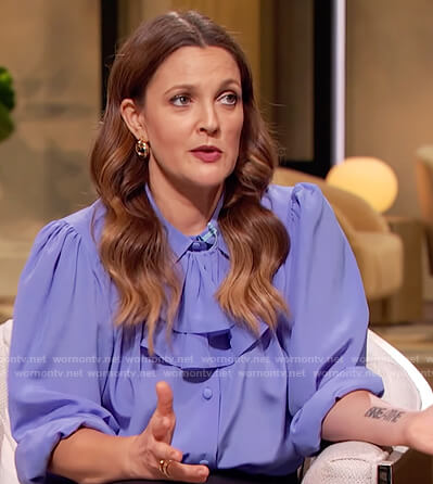 Drew's blue ruffle front blouse on The Drew Barrymore Show