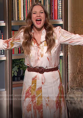 Drew's printed blouse and skirt on The Drew Barrymore Show