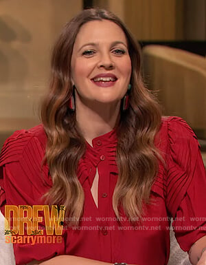 Drew’s red ruffle blouse on The Drew Barrymore Show