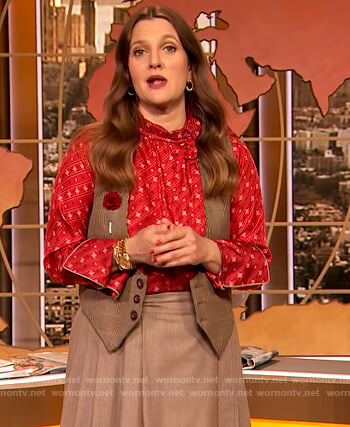 Drew’s red printed high neck blouse on The Drew Barrymore Show